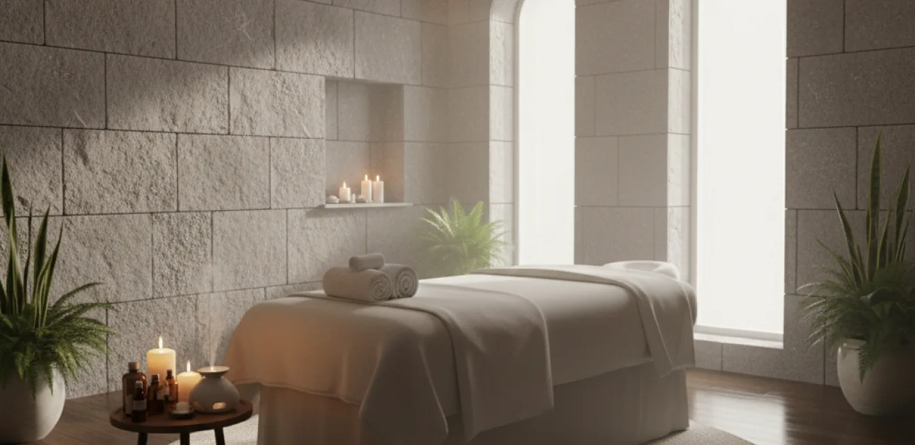 Spa treatment room with stone wall and candle lighting