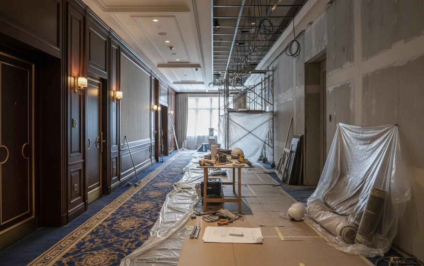 Live hotel corridor refurbishment with protected finishes