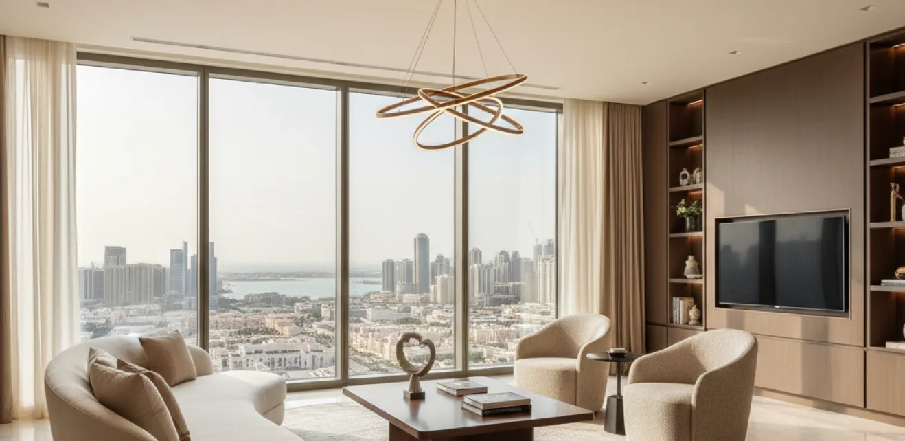 Serviced apartment living room with floor-to-ceiling windows