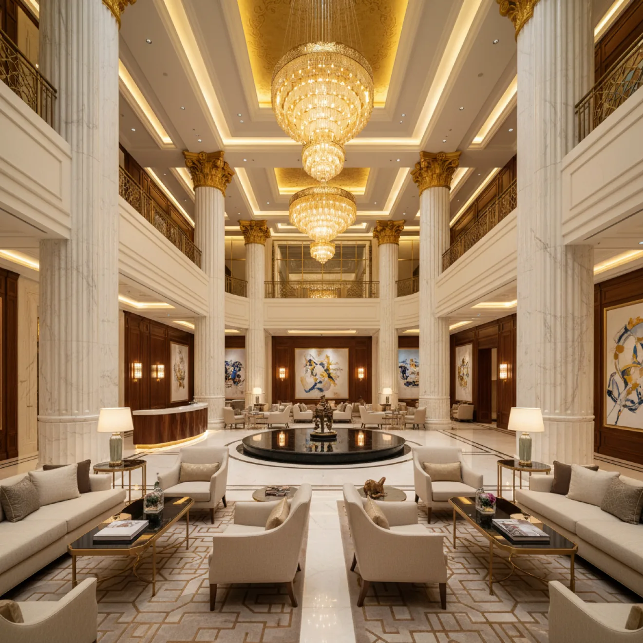 Luxury hotel lobby with marble columns and crystal chandeliers