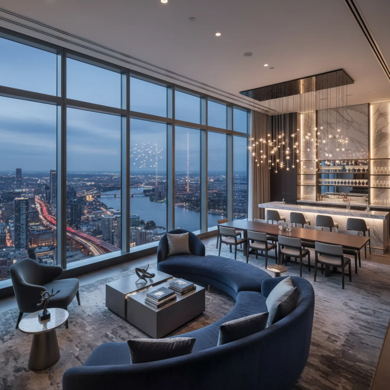 Hotel tower lounge with panoramic Dubai skyline views
