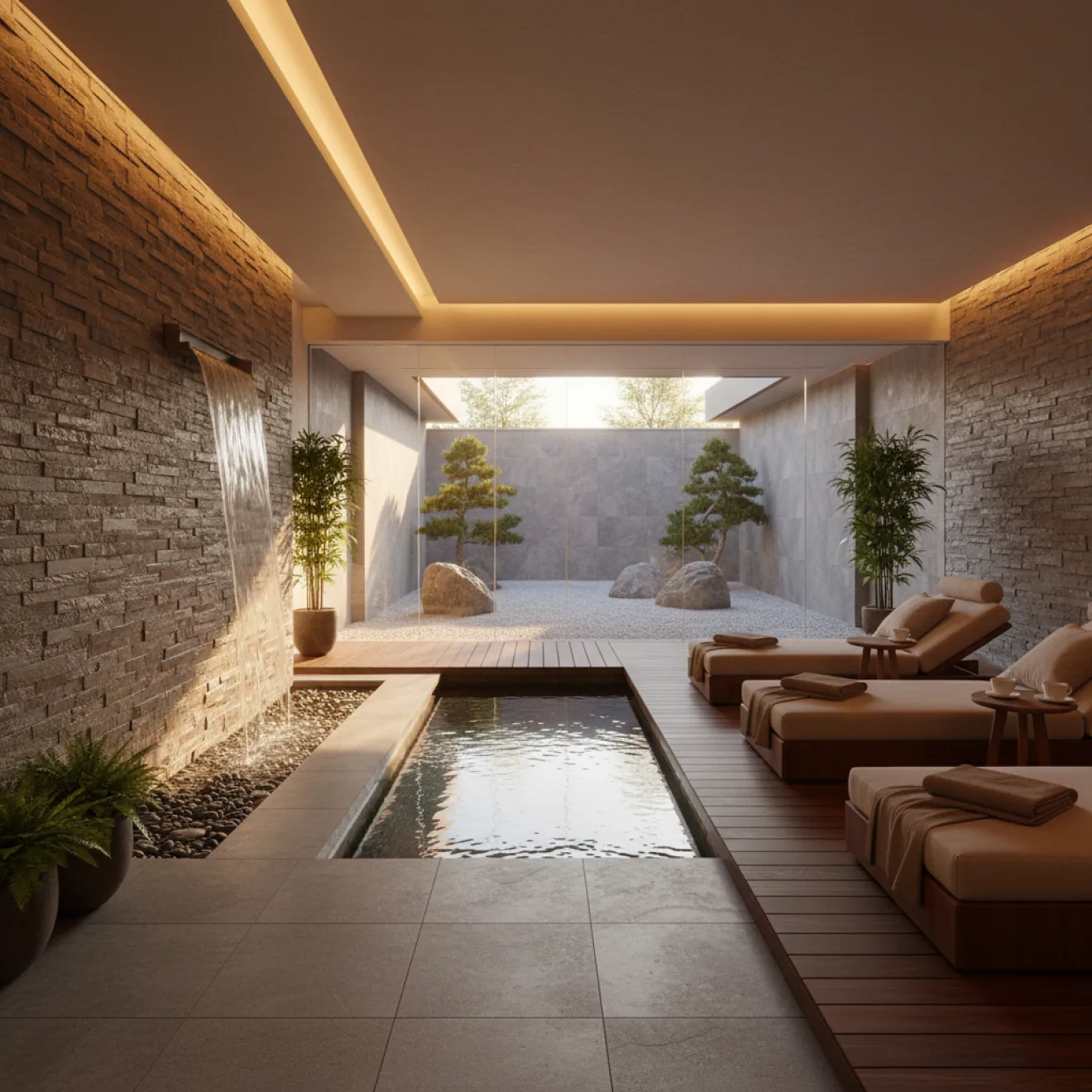 Spa relaxation area with water feature and stone walls