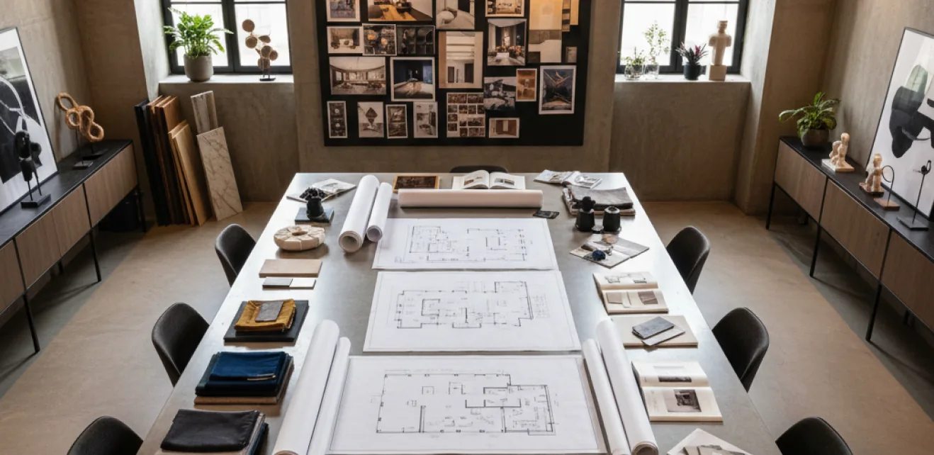 Hospitality interior design moodboard and floor plans