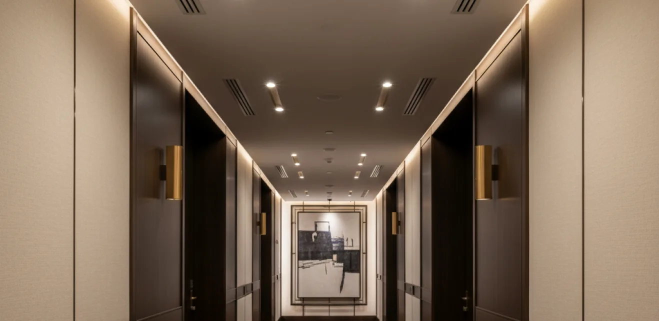 Hotel corridor with integrated lighting and ceiling services