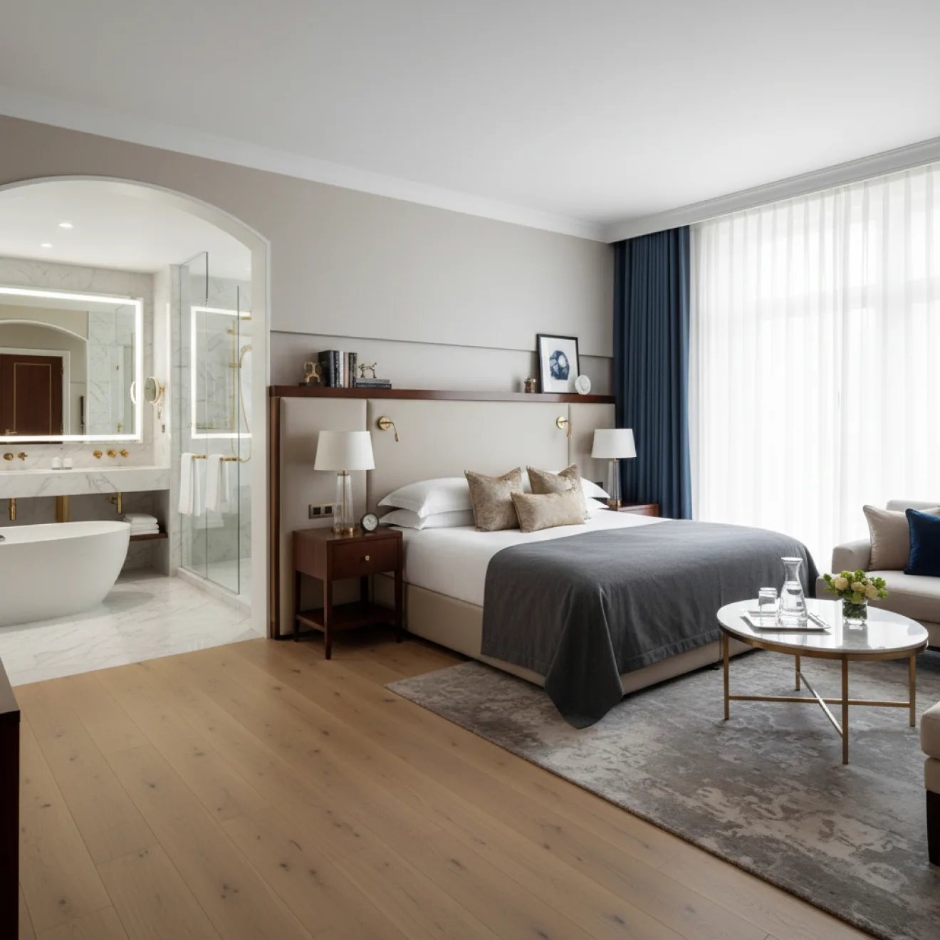 Hotel suite with freestanding bath and timber flooring