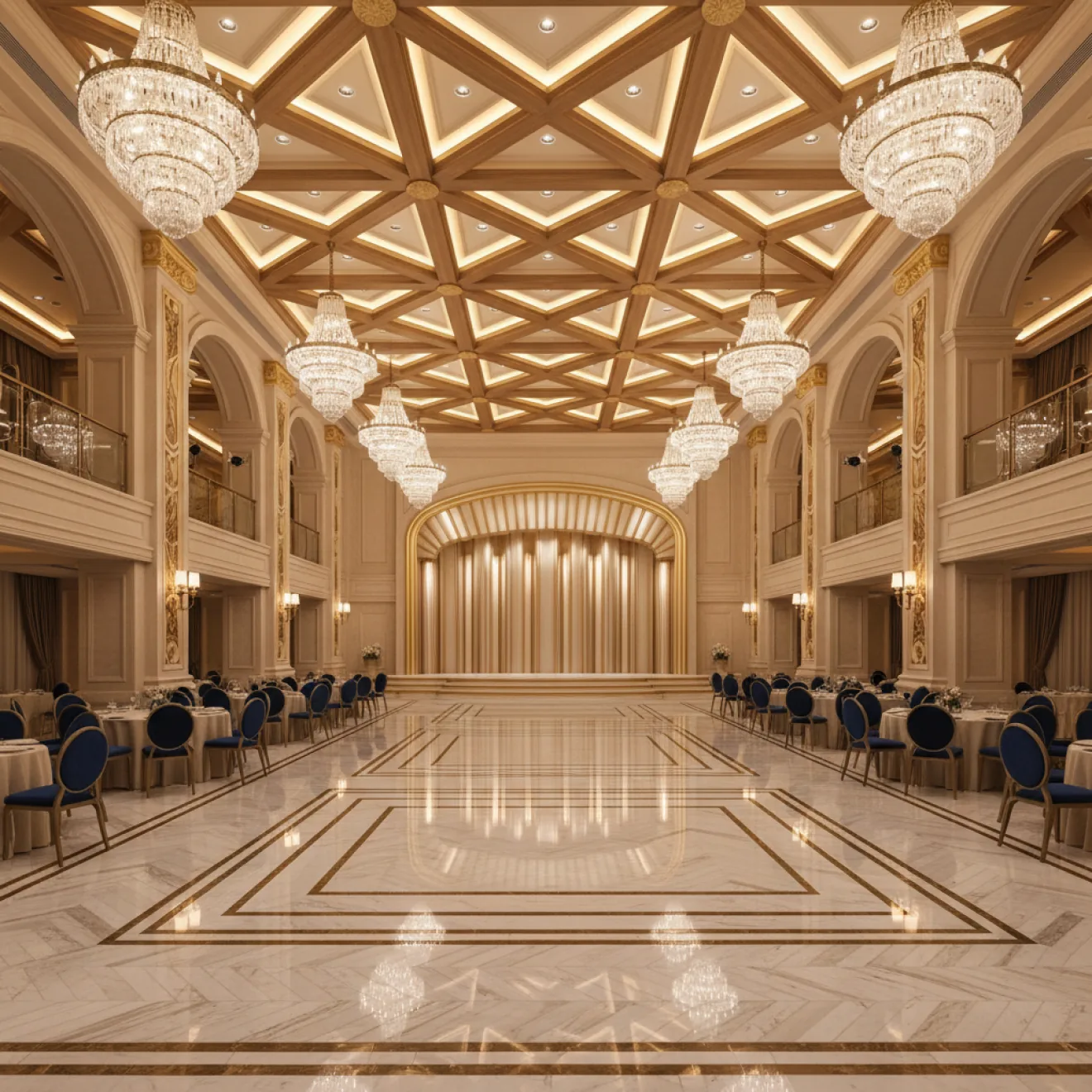 Grand hotel ballroom with coffered ceiling and chandeliers