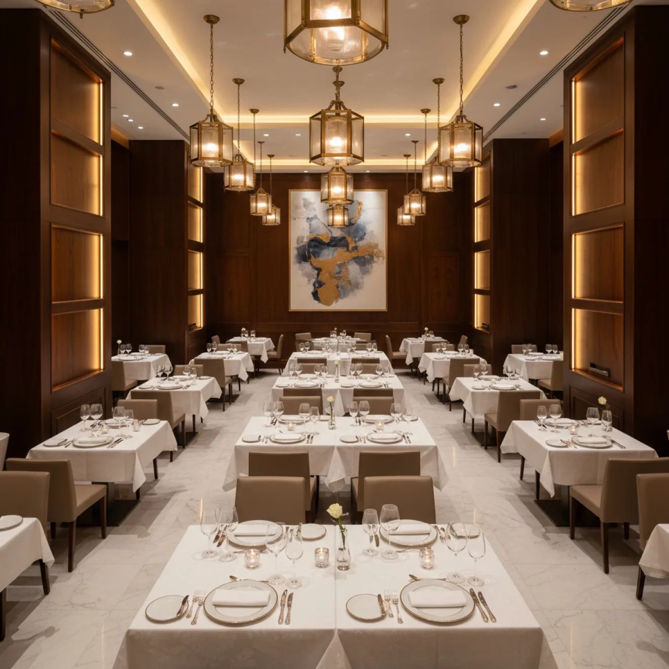 Fine dining hotel restaurant with lantern pendants