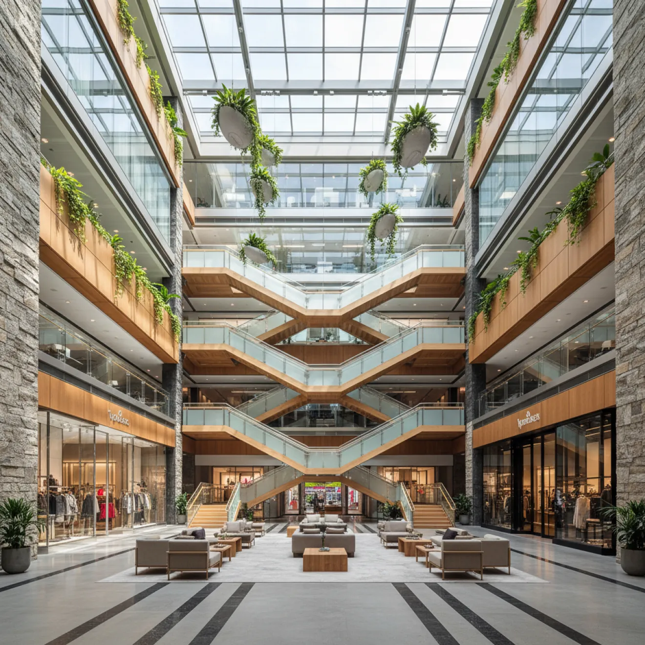 Mixed-use tower atrium with retail and landscaped balconies