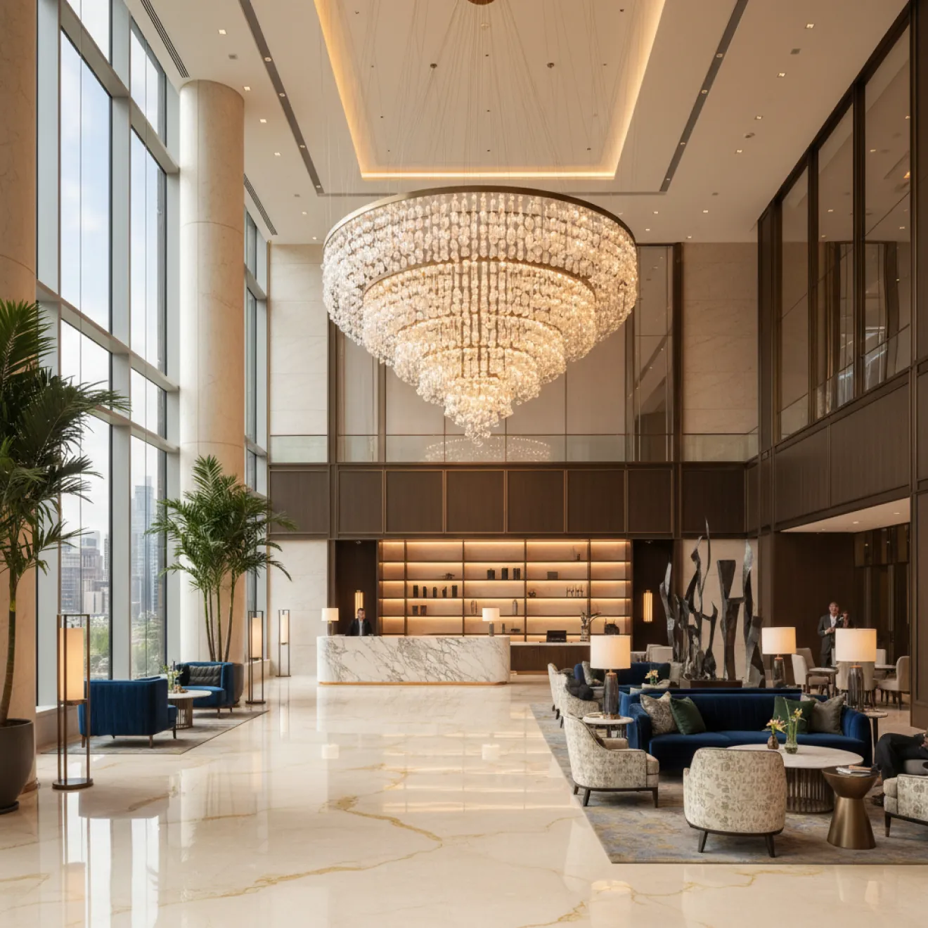 Hotel tower lobby with crystal chandelier and lounge seating