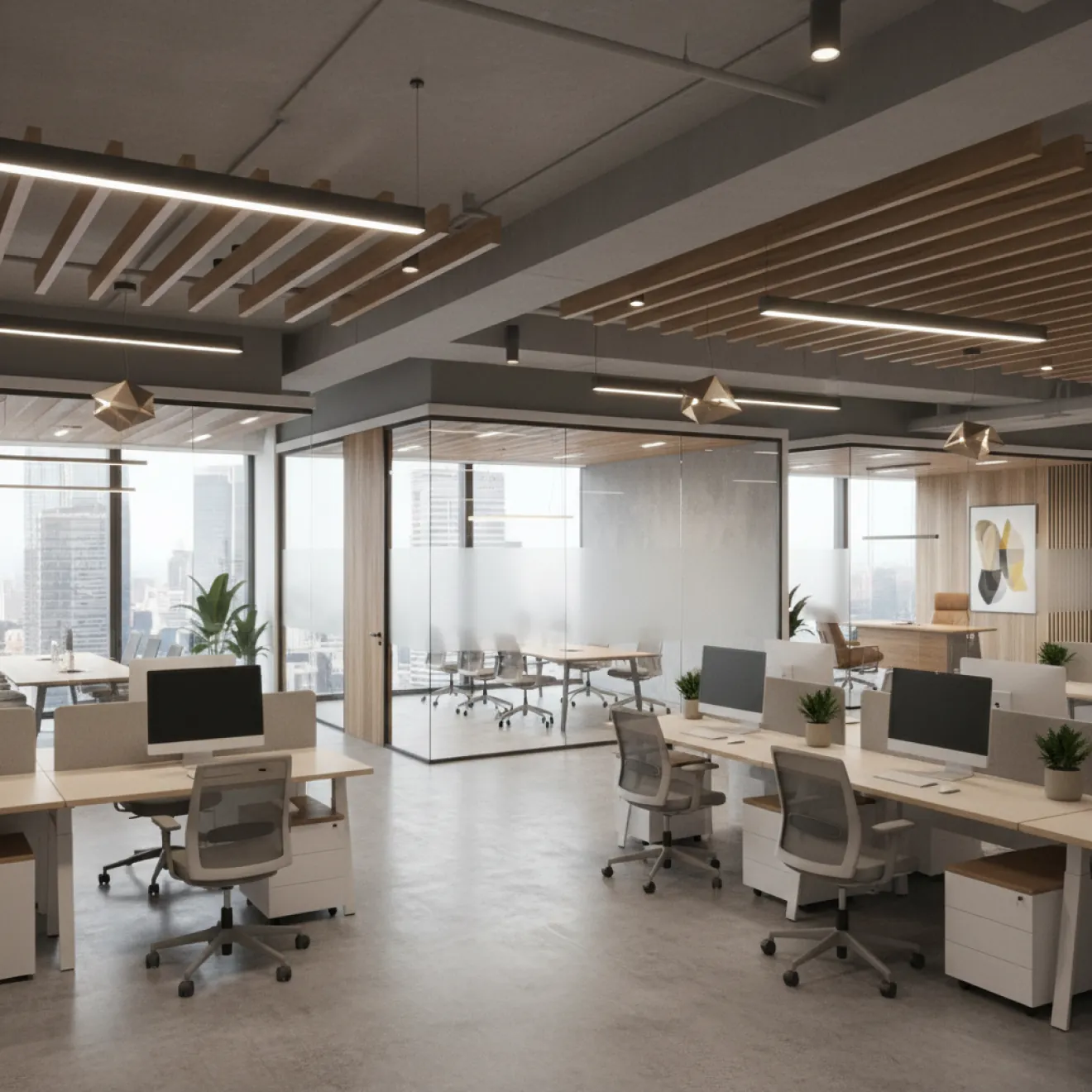 Commercial office tower floor with open-plan workstations