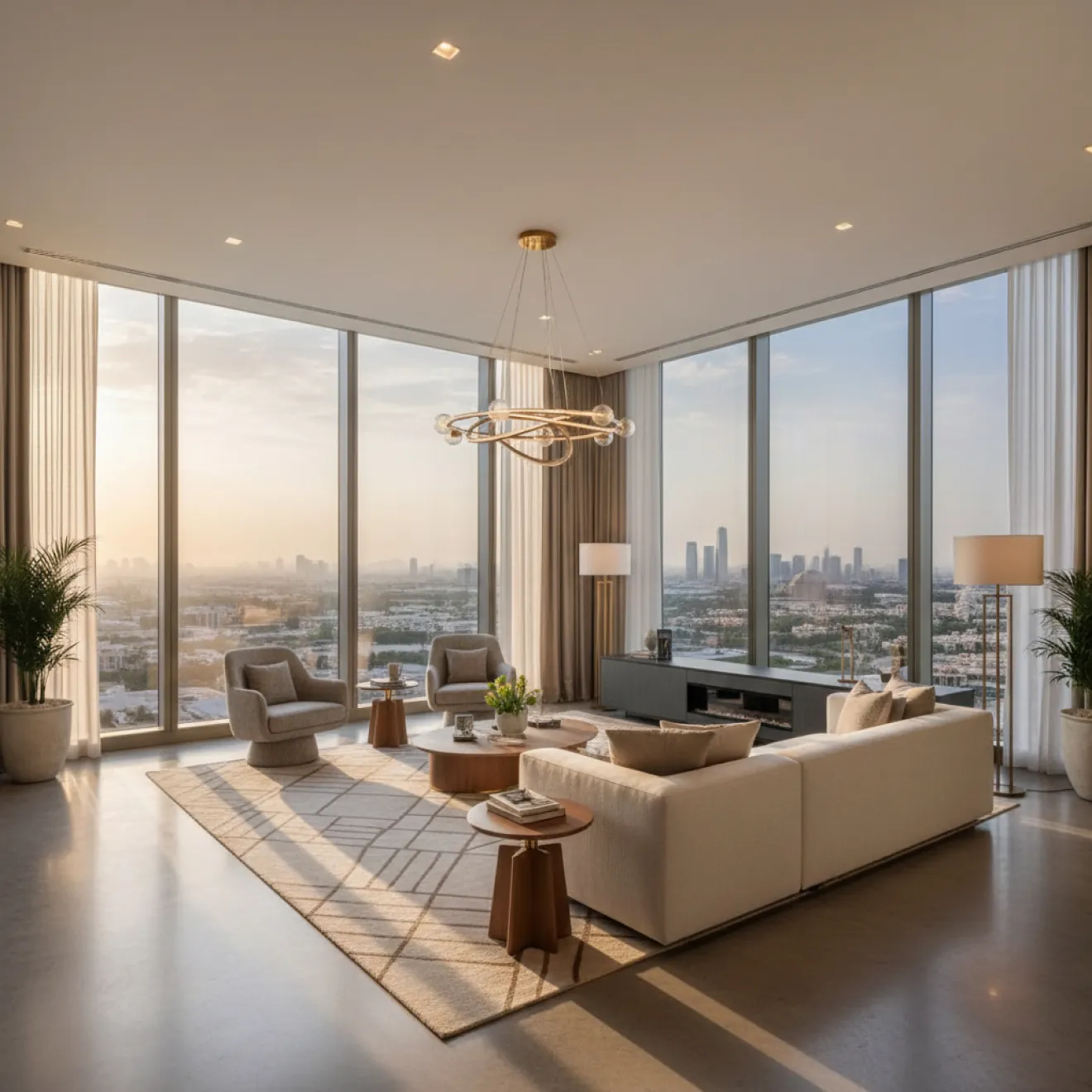 Residential high-rise apartment living room with skyline views