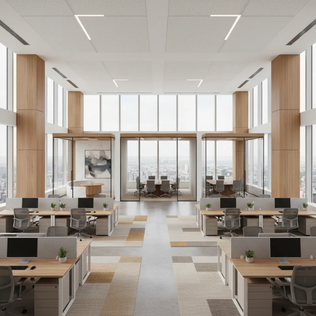 Office floor plate fit out with workstations and timber ceiling