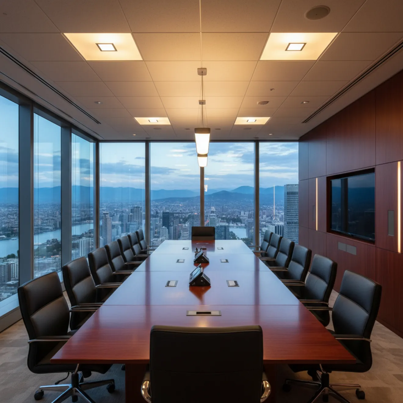 Executive boardroom floor with long conference table and city views