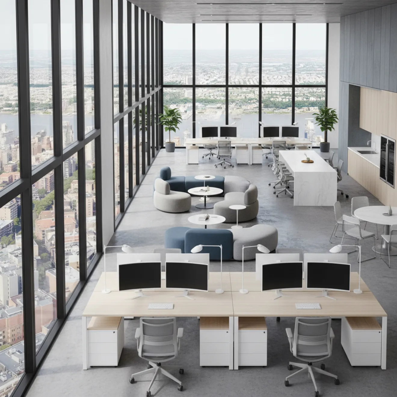 Co-working office floor with flexible desks and breakout areas