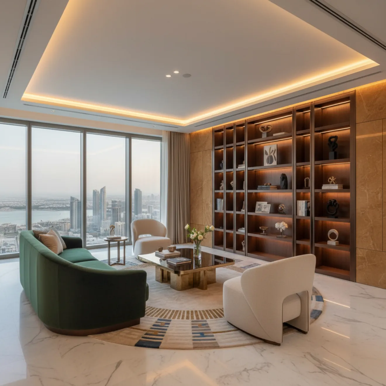 Luxury apartment fit out with bespoke shelving and lounge furniture