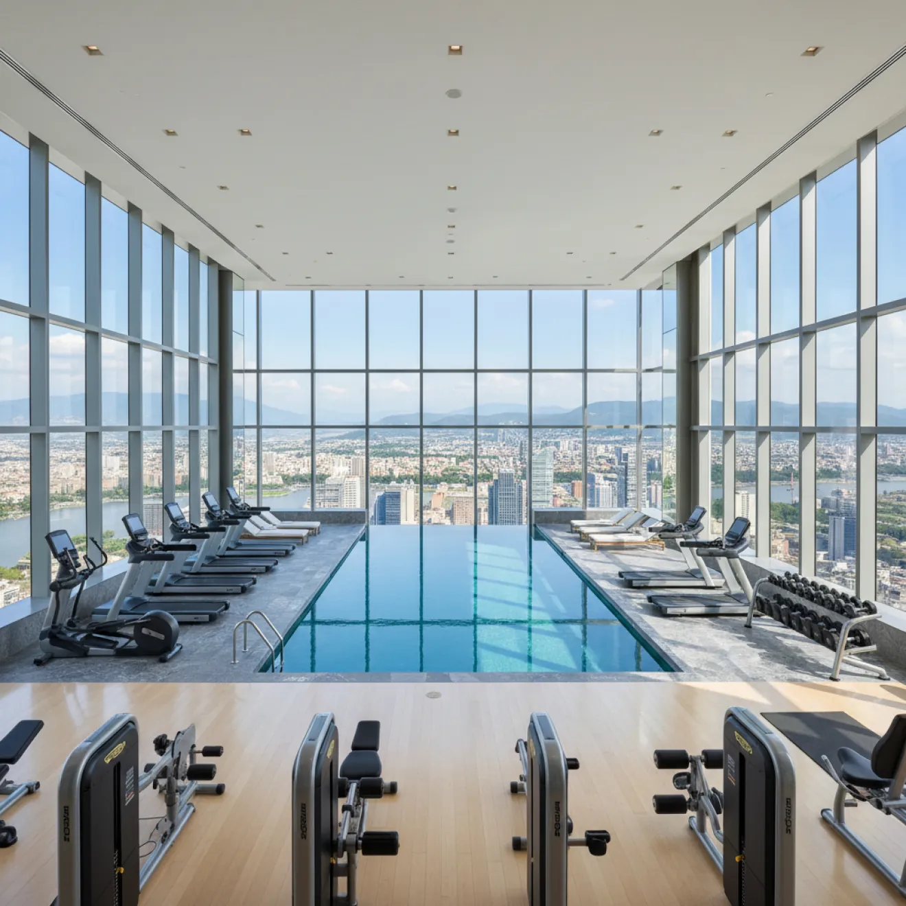 Residential tower amenity with indoor pool and skyline views