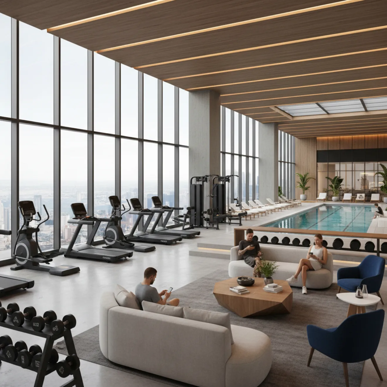 Residential tower gym and lounge amenity space