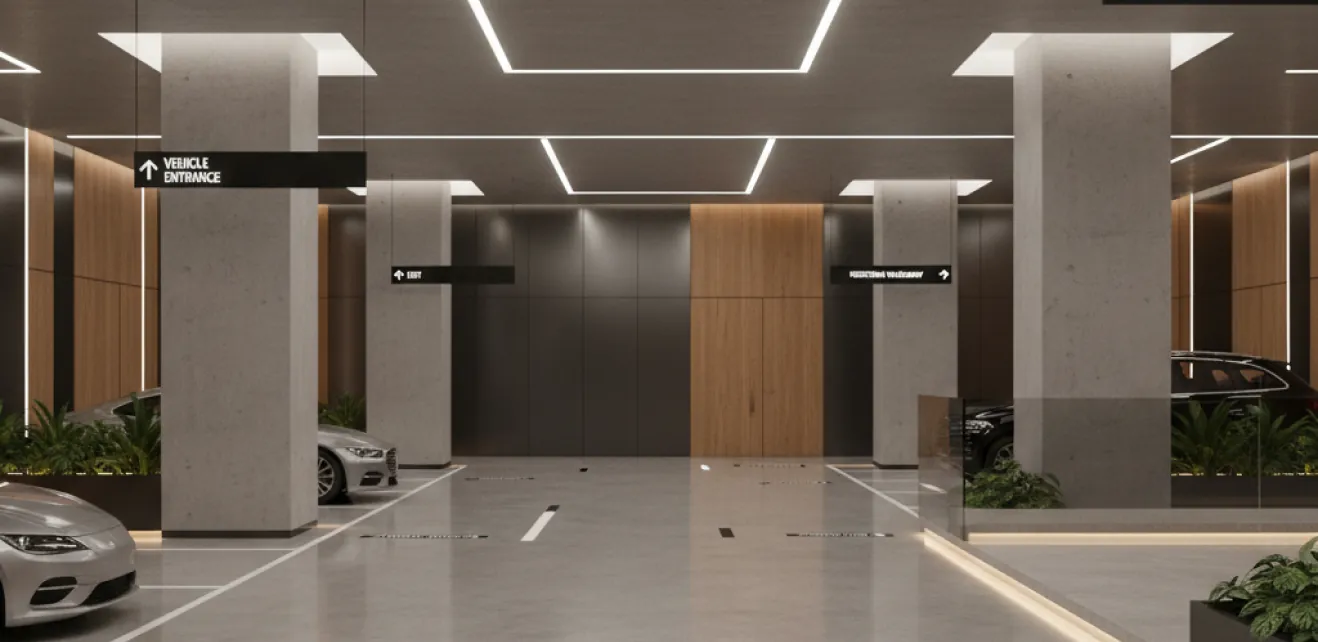 Tower parking lobby and back-of-house area
