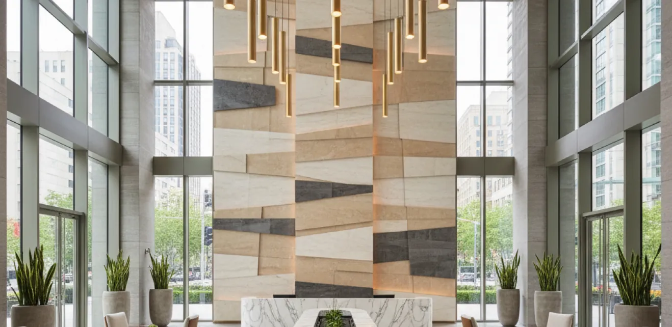 Tower main entrance lobby with feature wall and seating