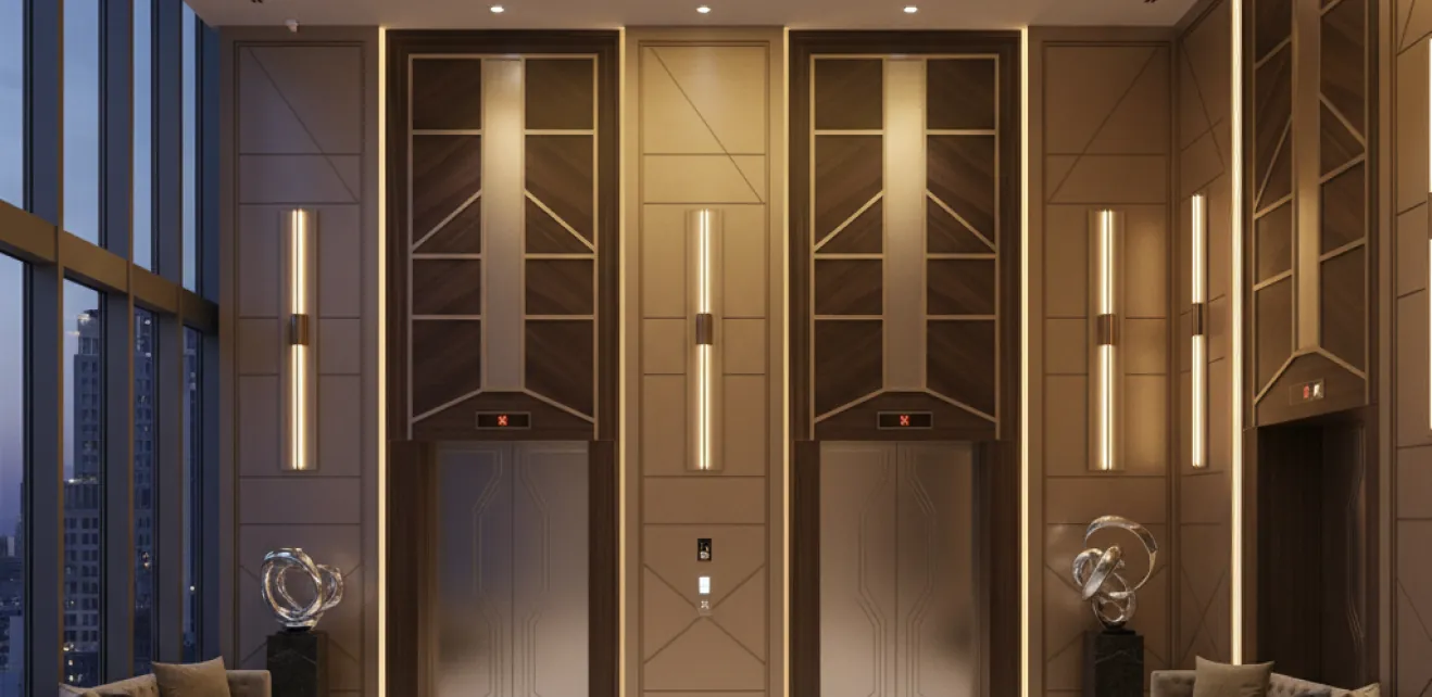 Tower elevator lobby with bronze wall finishes