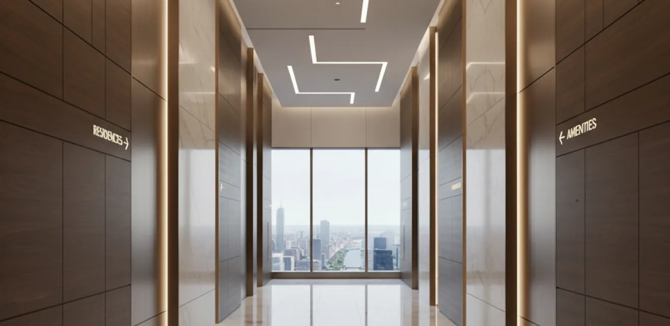 Tower corridor with timber panelling and linear lighting