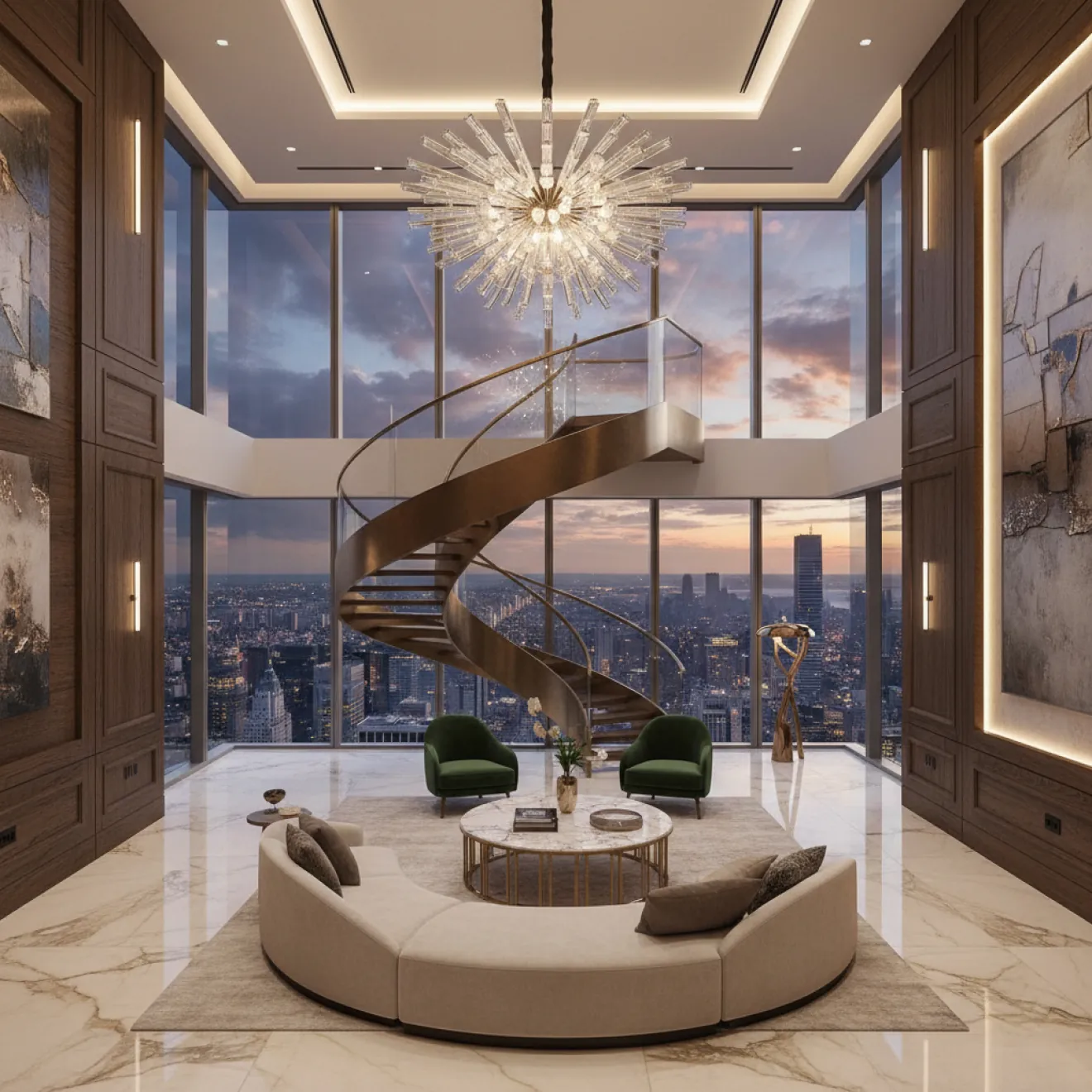 Penthouse sky villa with spiral staircase and panoramic windows