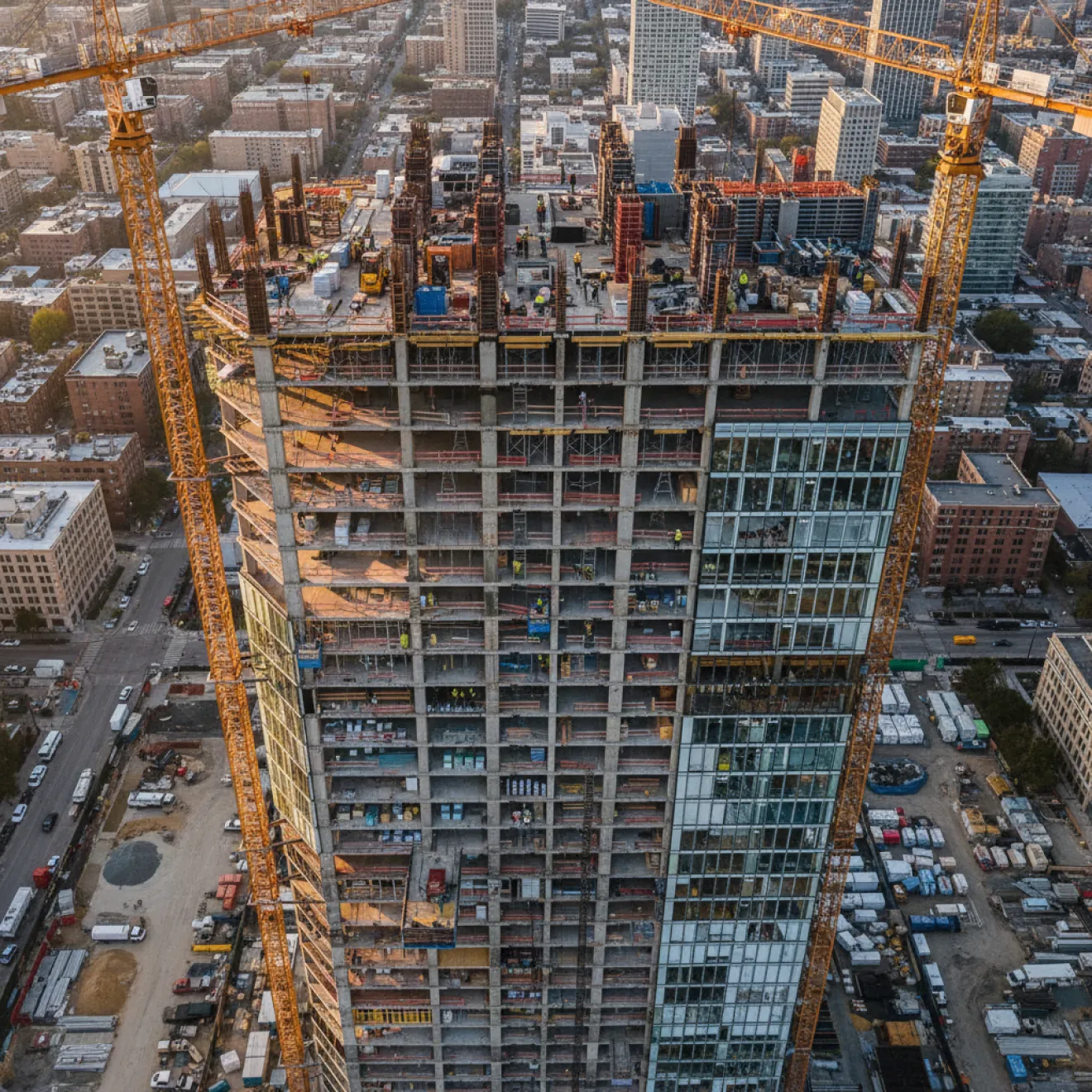 High-rise tower under construction with cranes