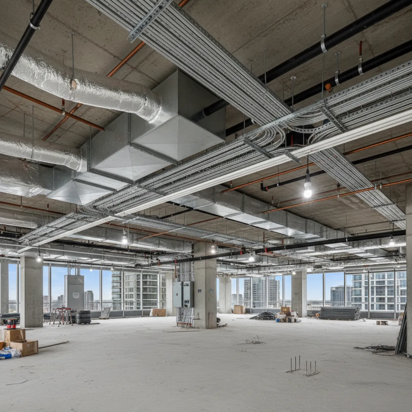 Exposed MEP services coordinated within a tower floor