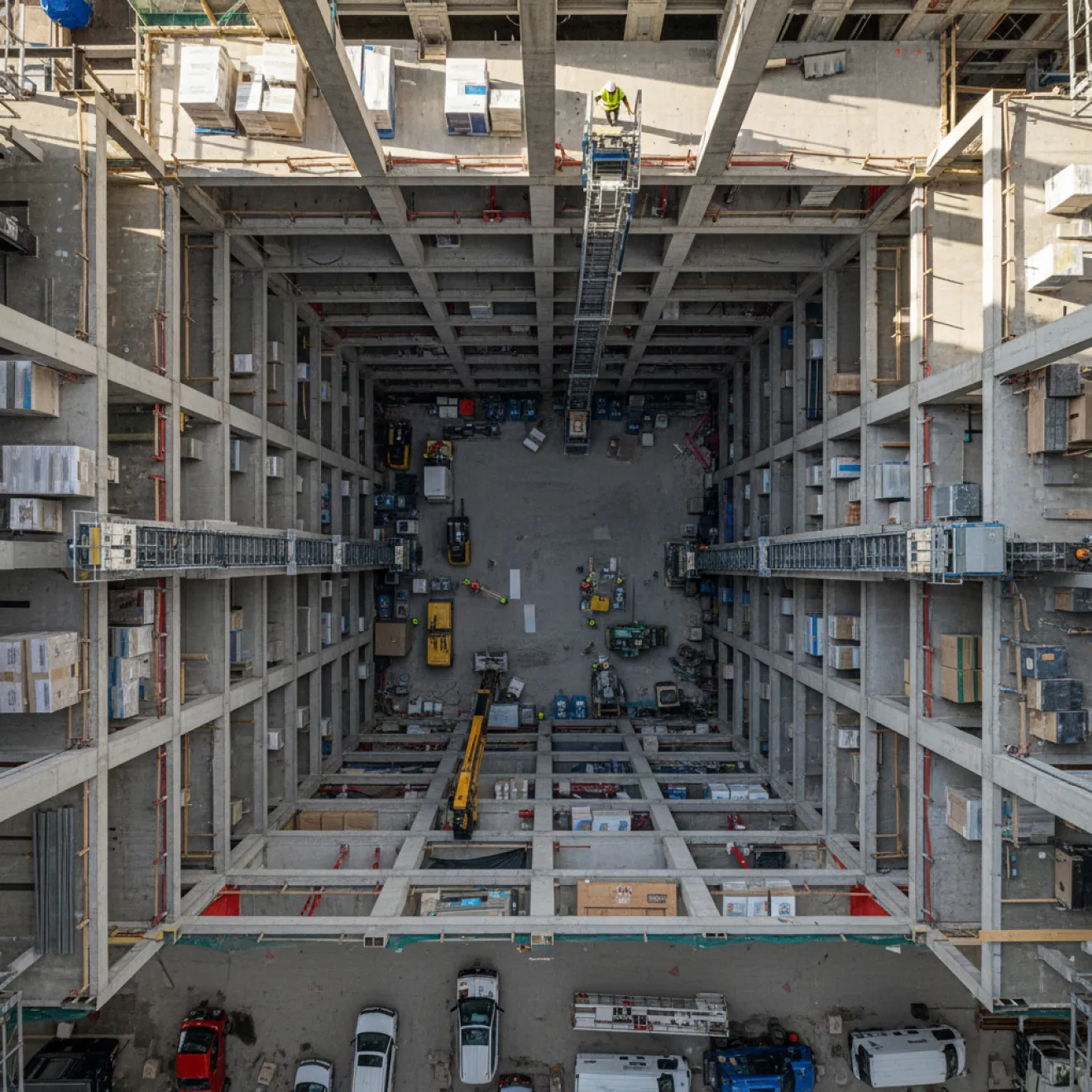 Looking up through a multi-floor tower construction site
