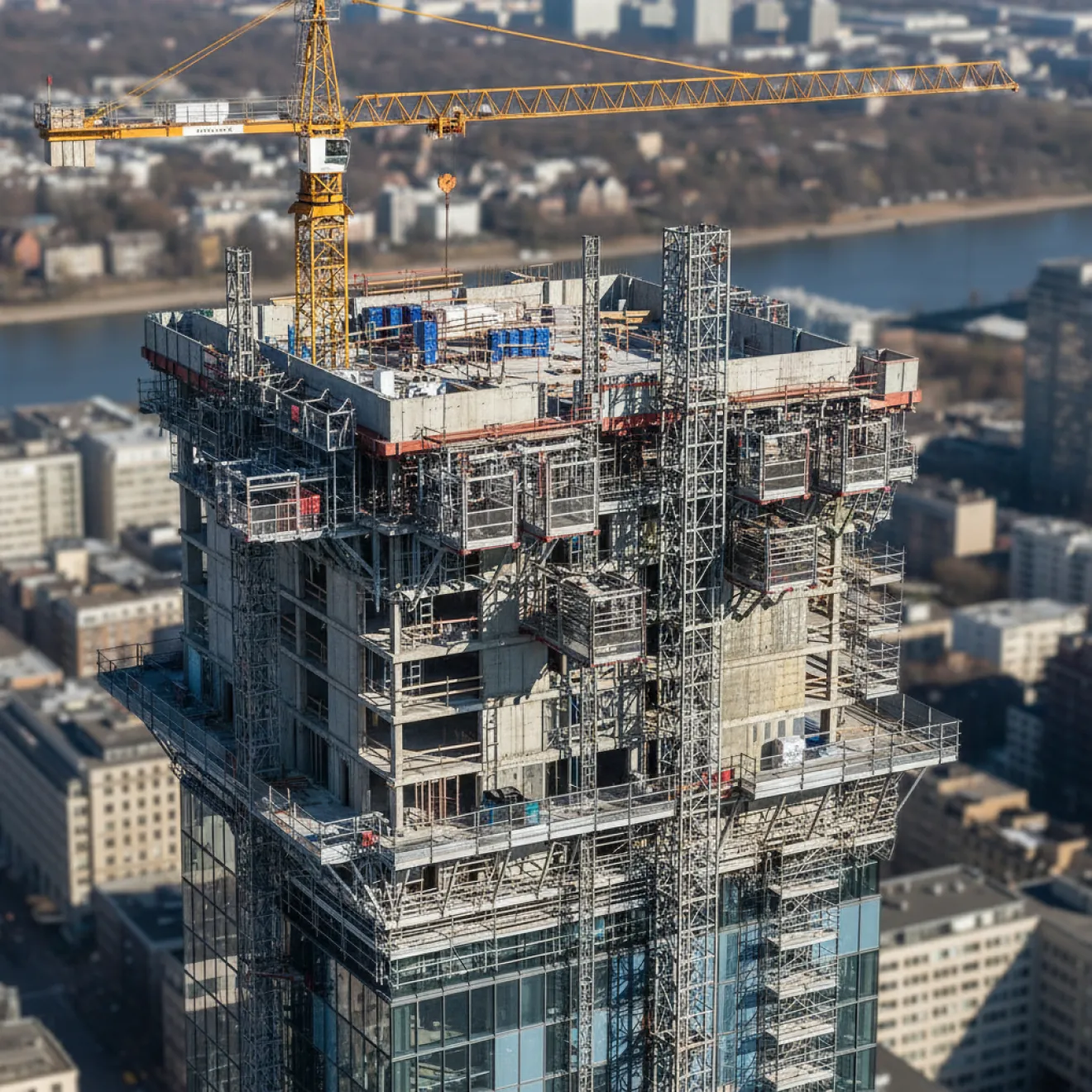 High-rise tower construction with vertical access cores