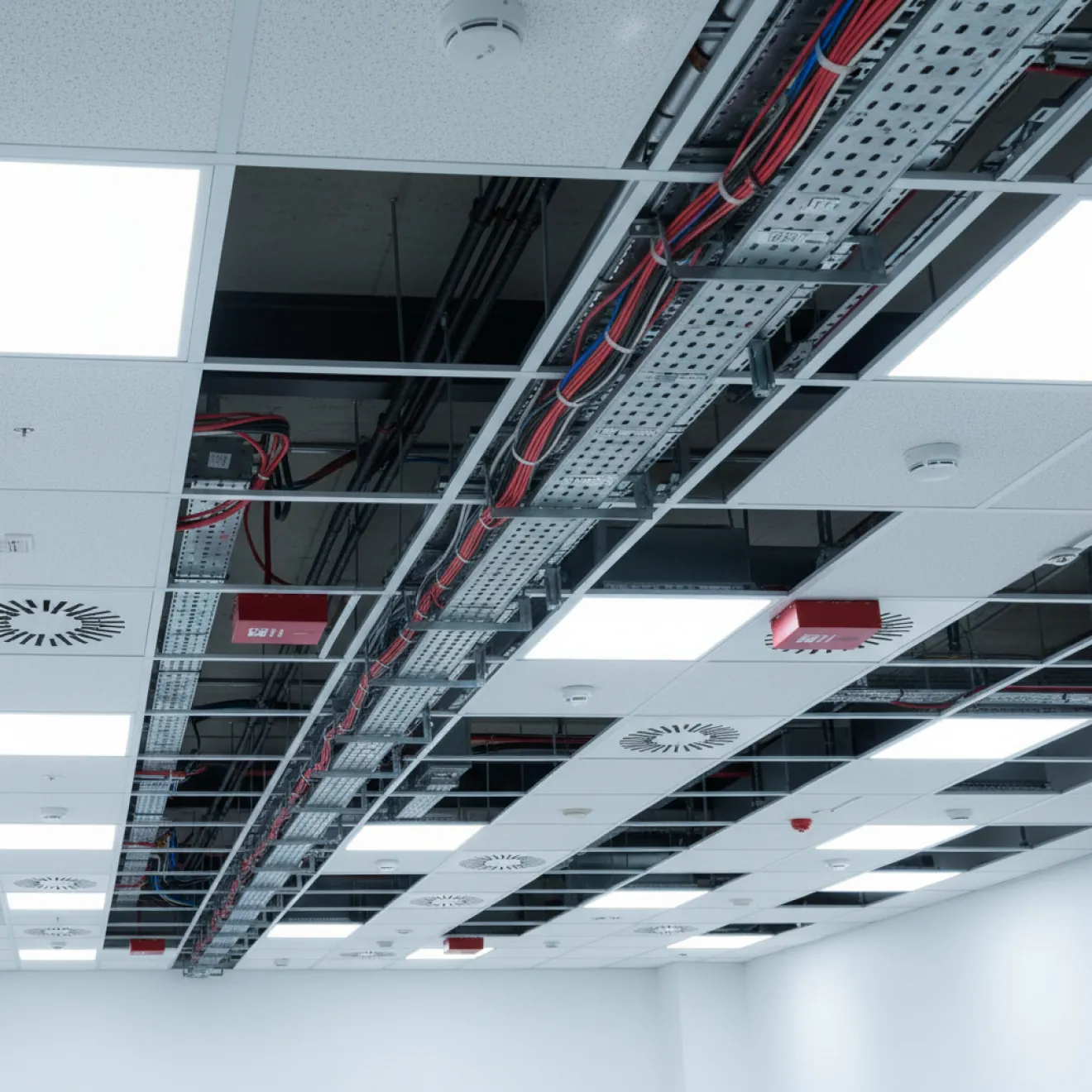 Ceiling cable trays and fire safety services in a tower