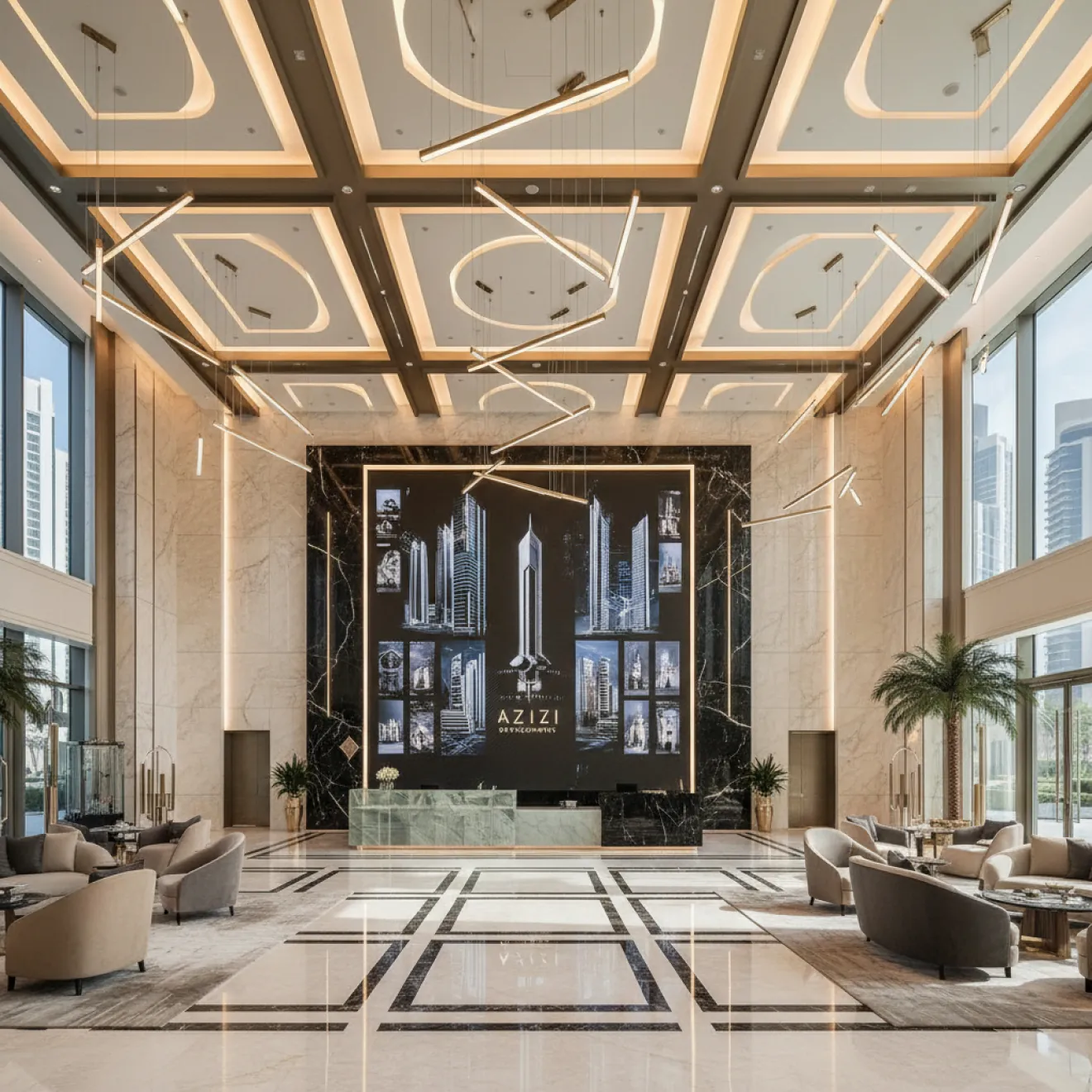 Grand tower lobby with coffered ceiling and feature wall