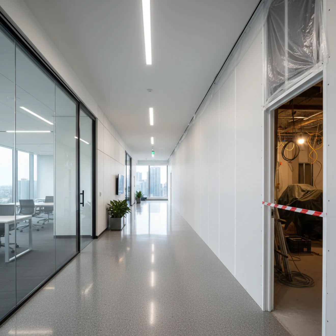 Corridor works inside a partially occupied office tower