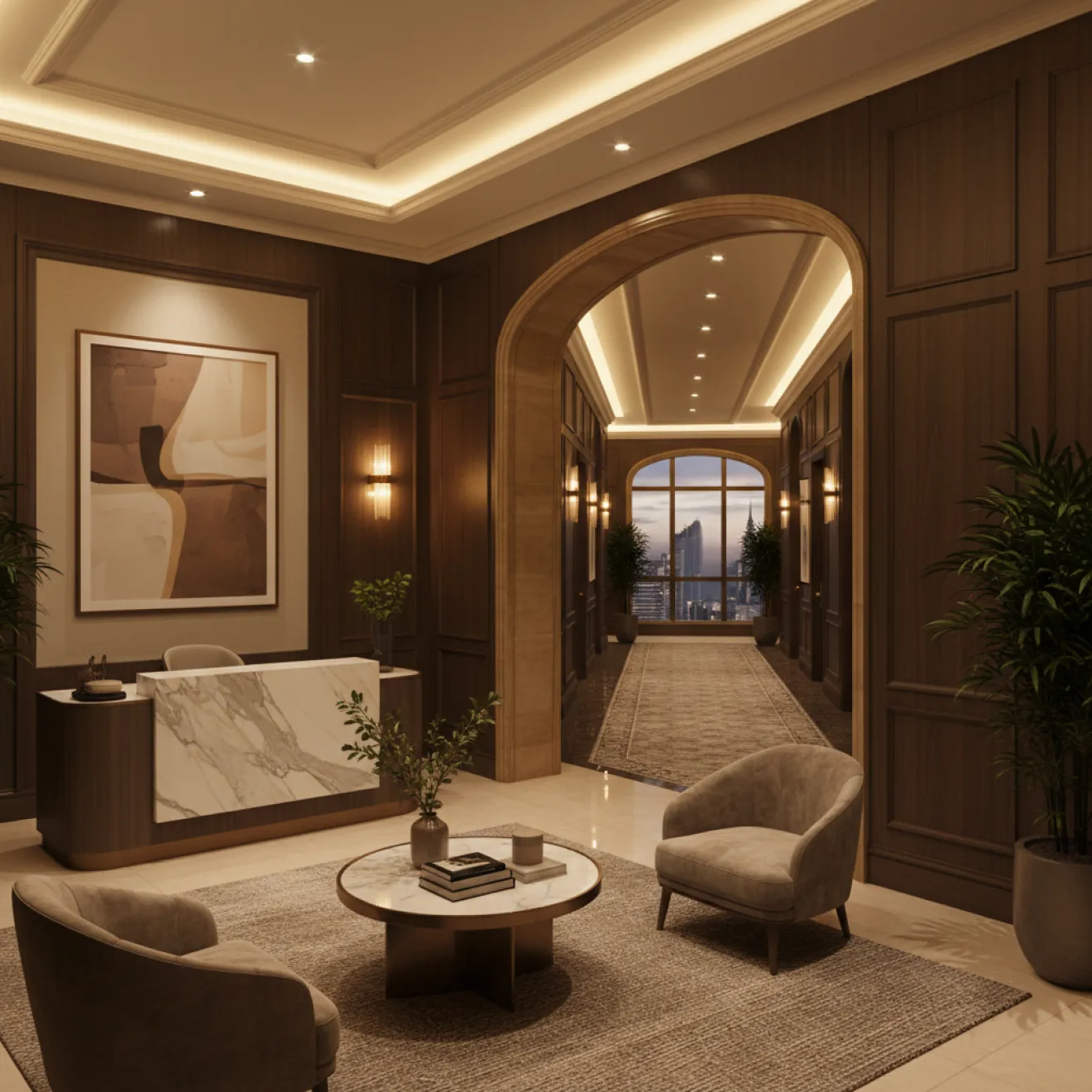 Turnkey tower residence lobby with bespoke finishes