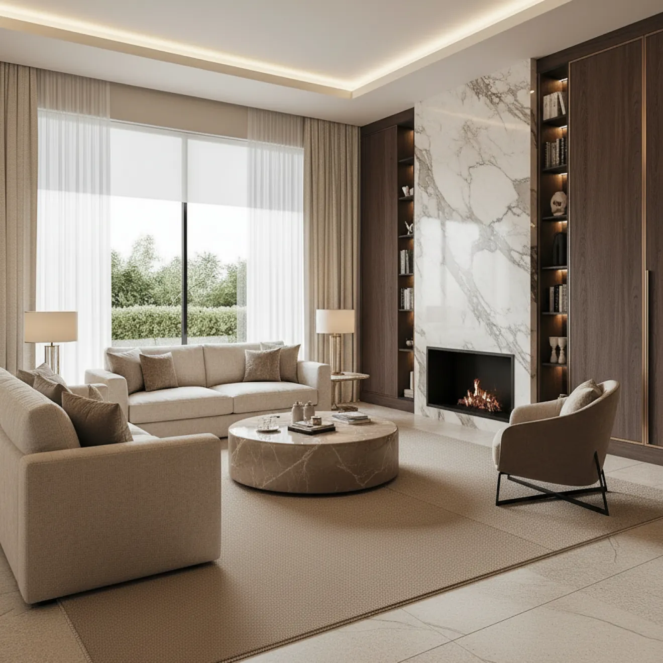 Luxury villa living room with marble fireplace wall