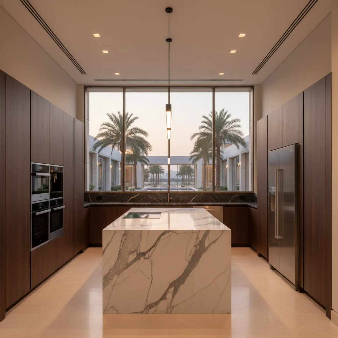 Luxury villa kitchen with marble island and timber cabinetry