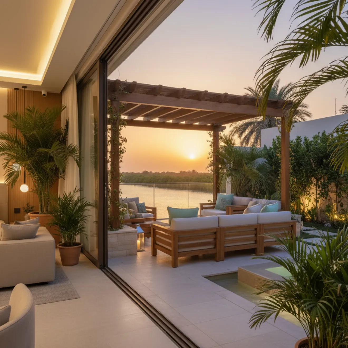 Al Jubail Island villa terrace at sunset