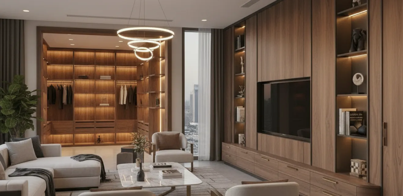 Villa living room with bespoke timber joinery and shelving