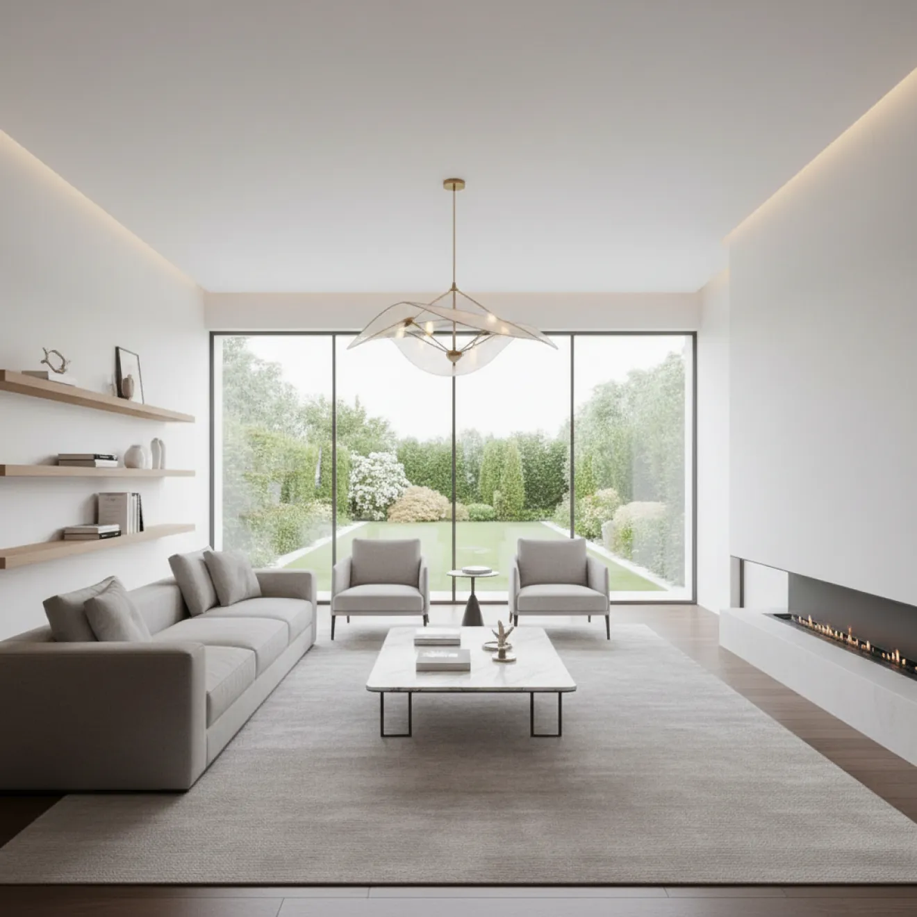 Bright villa living room with garden views