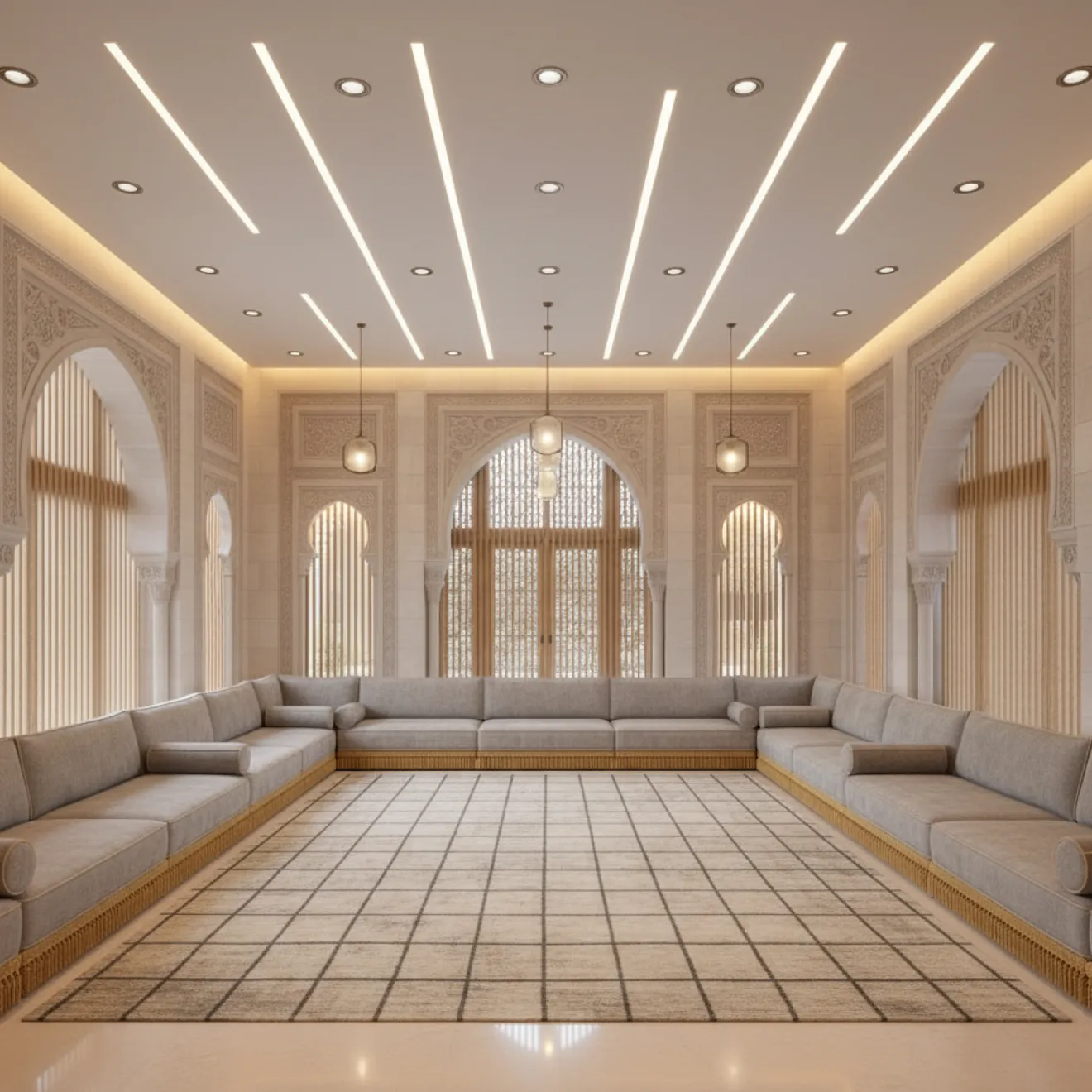 Traditional majlis with arched screens and linear lighting