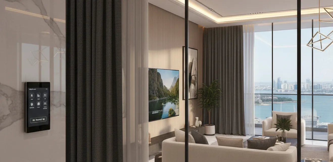 Smart home control panel in a luxury villa living room