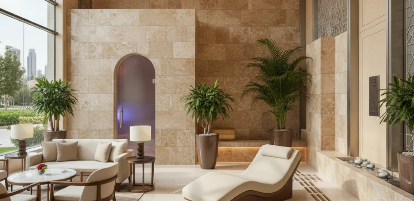 Villa wellness lounge with travertine walls