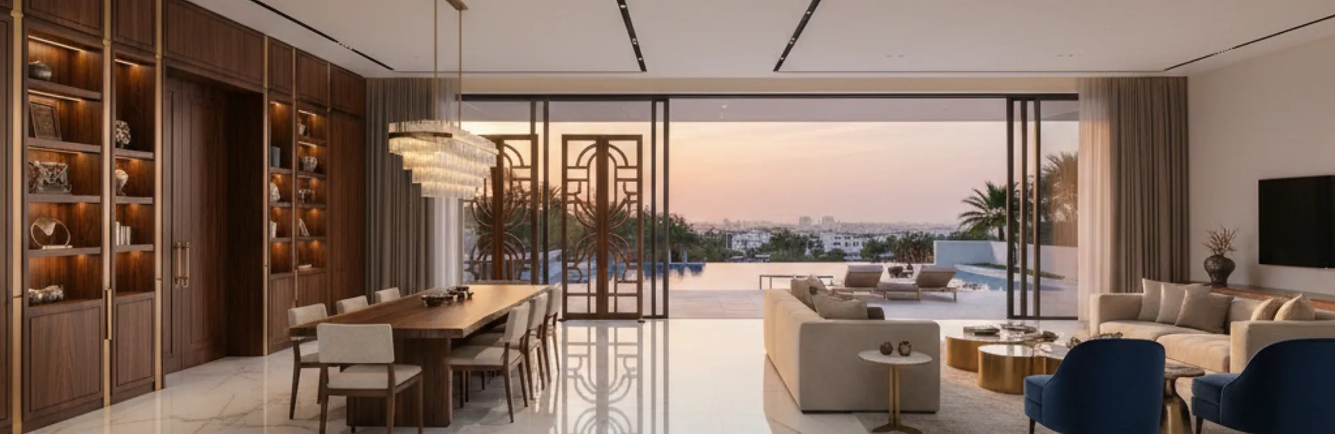 Open-plan villa dining and living area with bespoke joinery