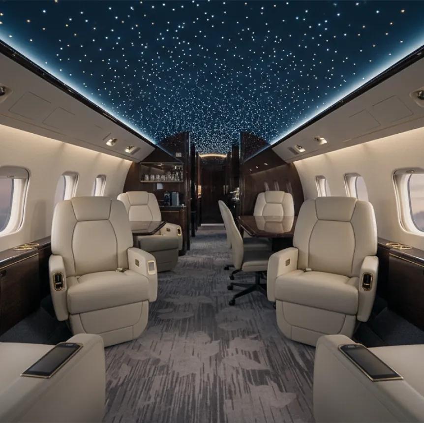 Gulfstream private jet cabin with starlight ceiling and leather club seats