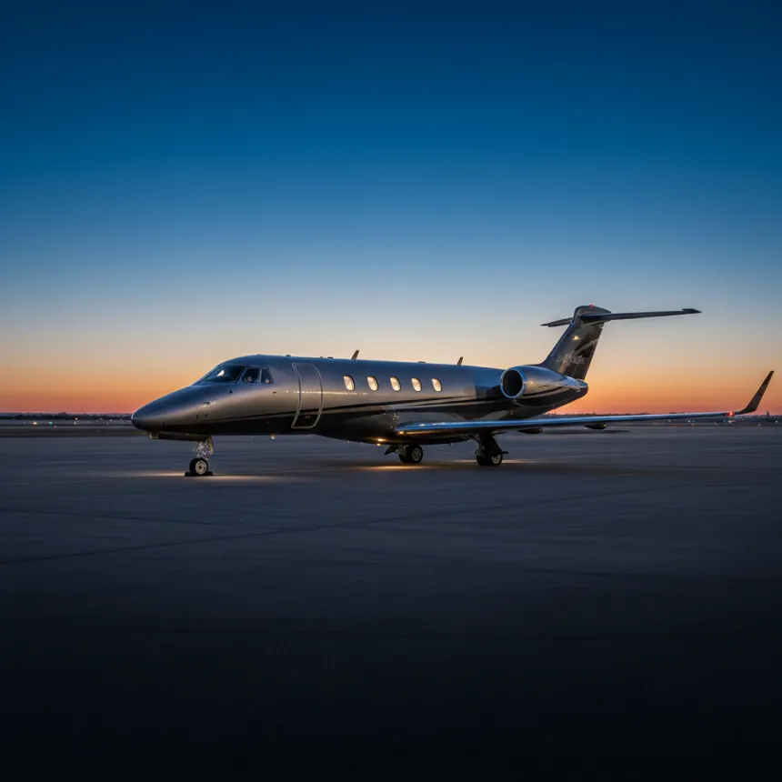 Cessna Citation business jet on the apron at dusk