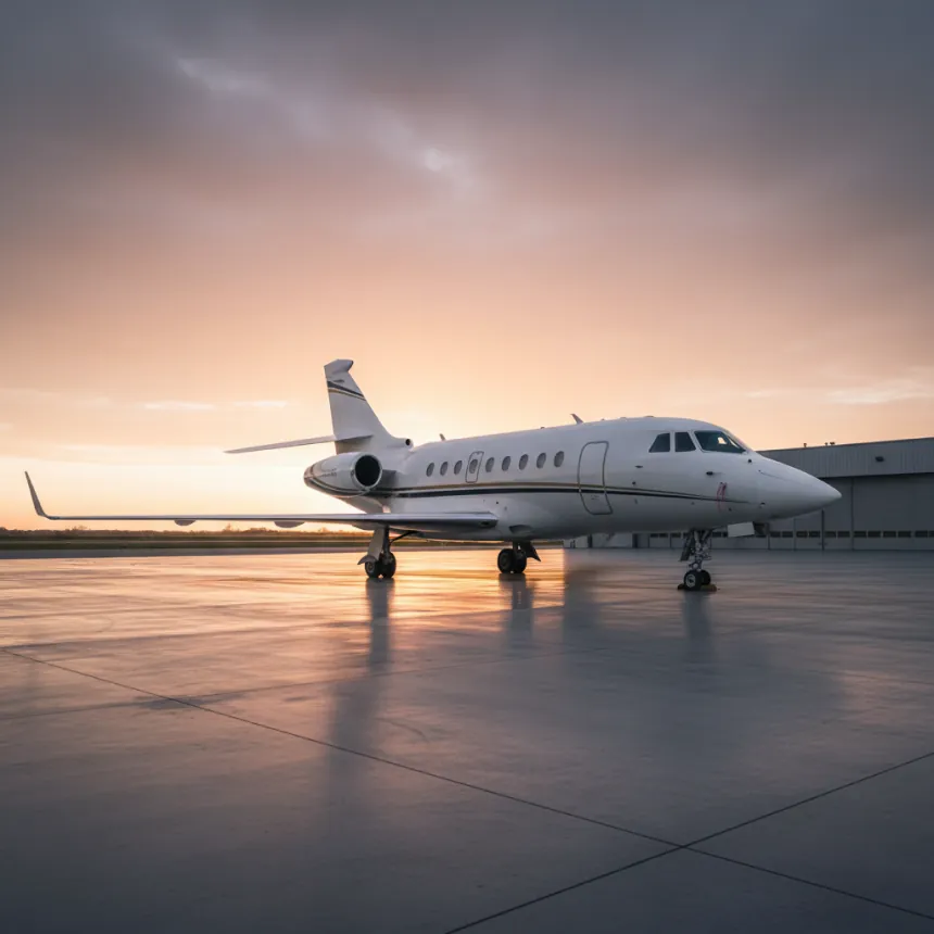 Dassault Falcon business jet on the apron at sunset