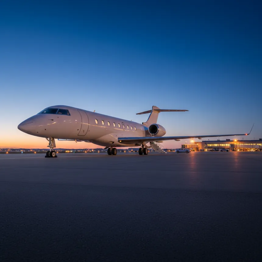 Bombardier business jet on the apron at dusk