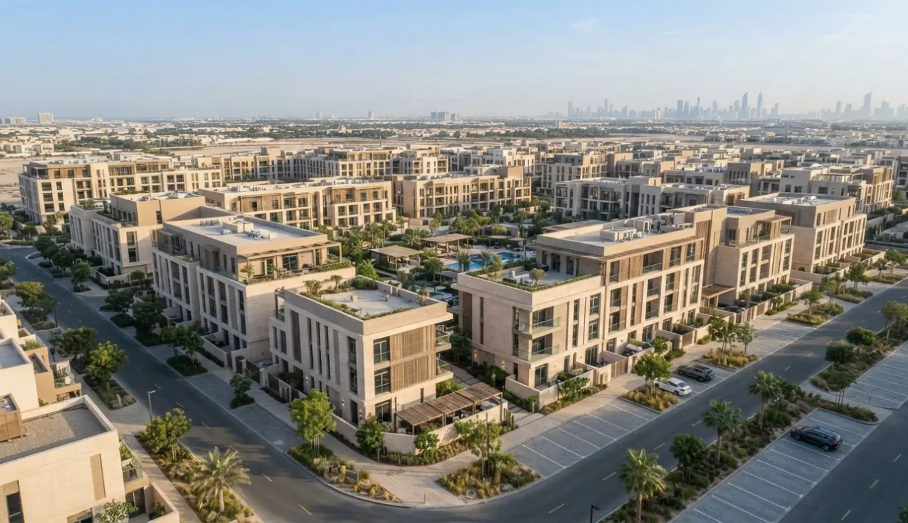 Aerial view of residential buildings within a masterplanned community