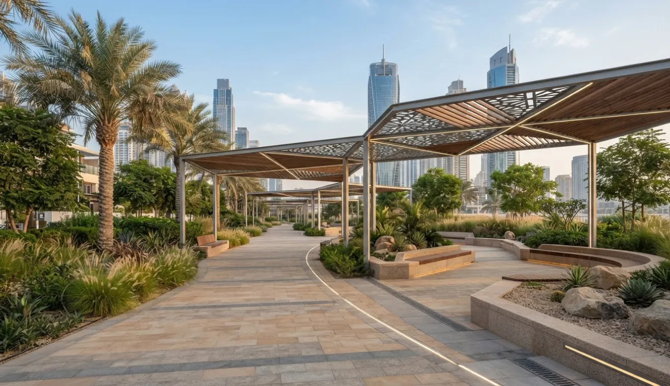 Shaded pedestrian promenade with landscaping and city skyline