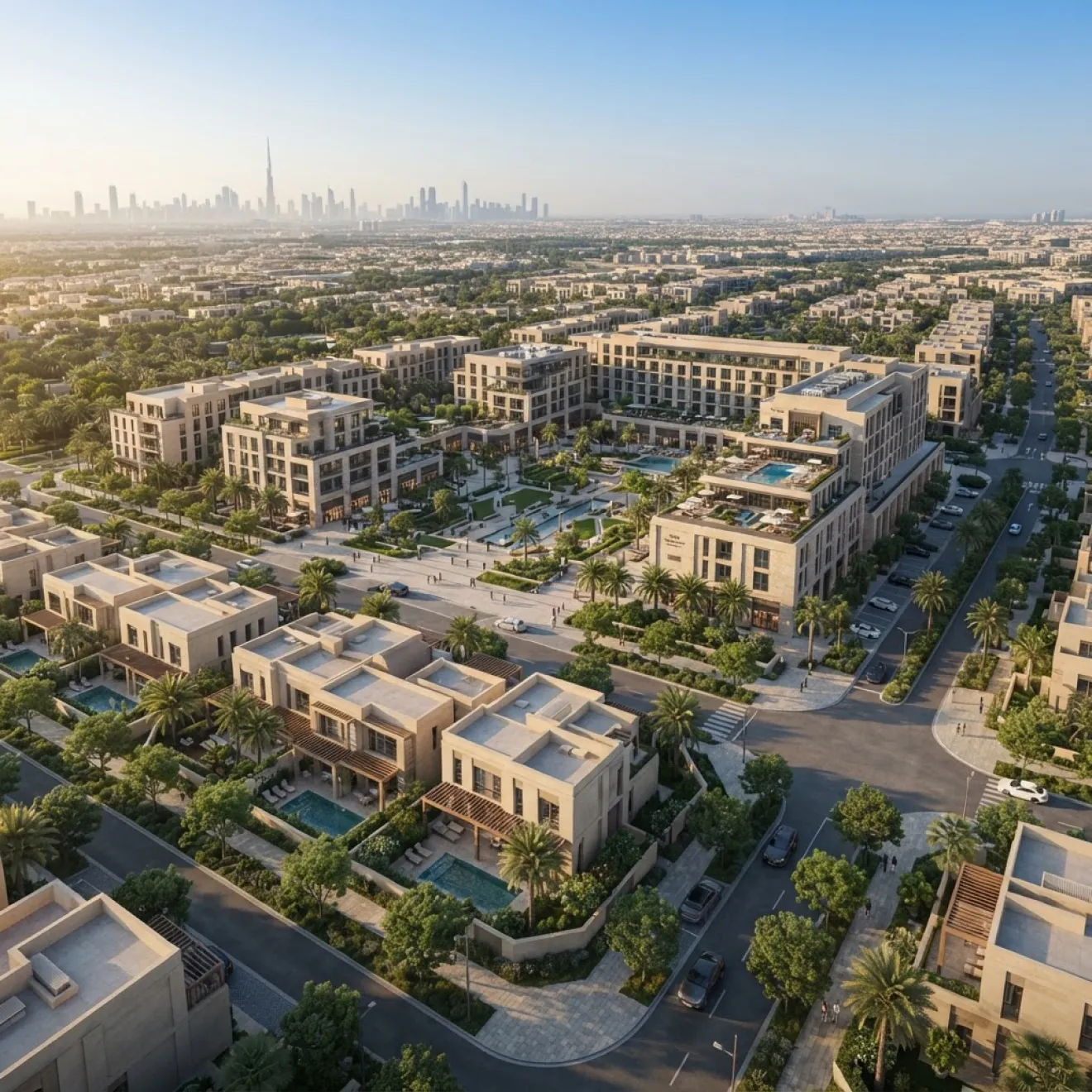 Aerial view of a planned villa community in Dubai